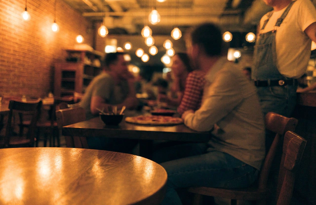 Salón de la pizzería con mesas ocupadas en la noche