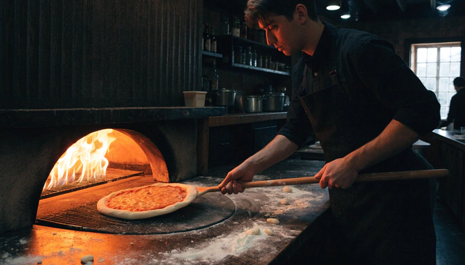 Pizzero metiendo una pizza al horno de leña